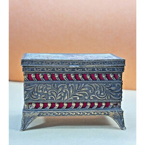 Vintage Filigree Jewelry Box Red Velvet Dutch Windmill Scene Footed Trinket Cask